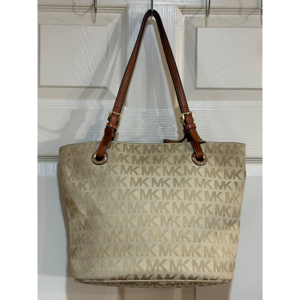 Michael Kors MK Monogram Beige Tan Canvas Tote Bag Leather Straps Gold Hardware